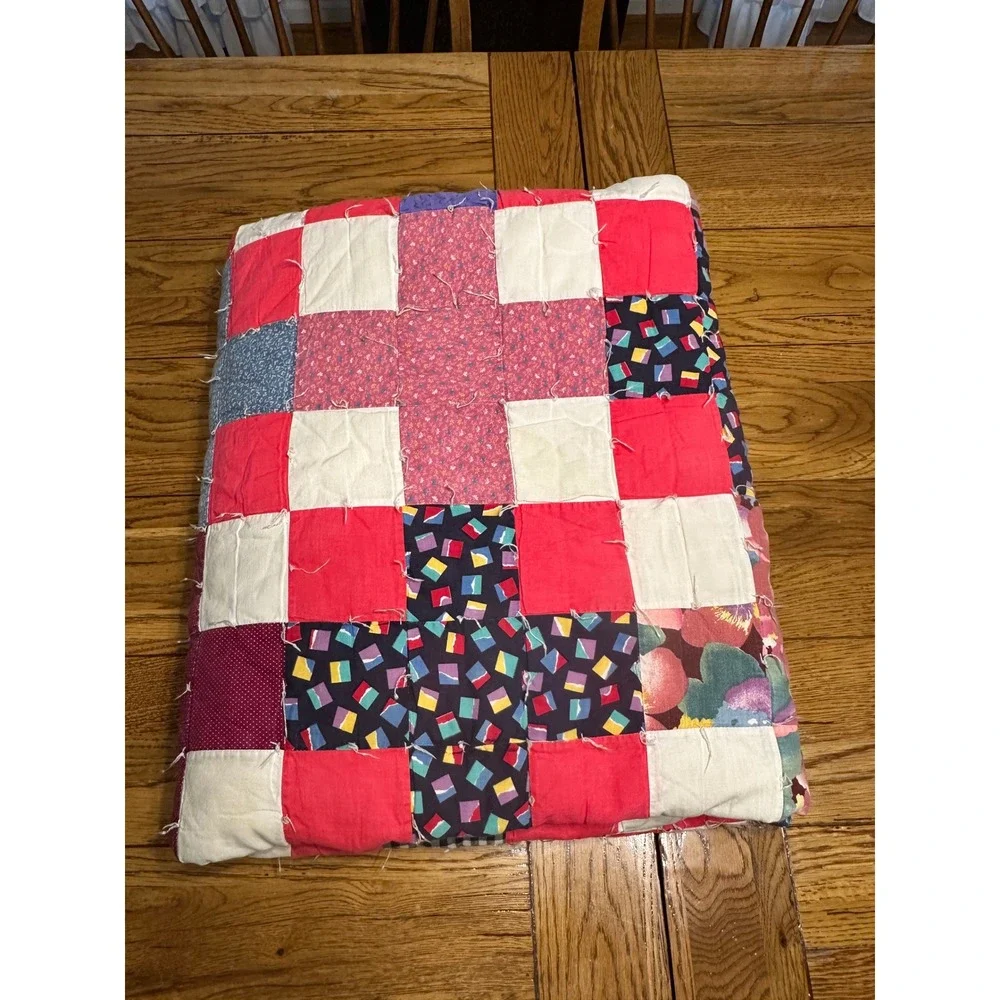 Vintage Hand Tied Patchwork Cutter Quilt Red Multicolor 75x67 Farmhouse